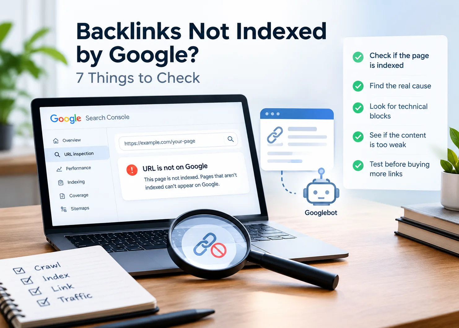 Banner illustrating backlink indexing issues, featuring a laptop displaying Google Search Console, a magnifying glass over a broken link symbol, and a checklist highlighting page indexing, technical SEO errors, content quality, and backlink verification before purchasing more links.